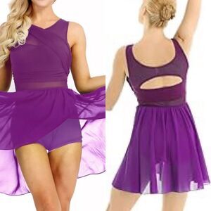 Iefiel Dance costume leotard dress mesh purple drape -adult XS